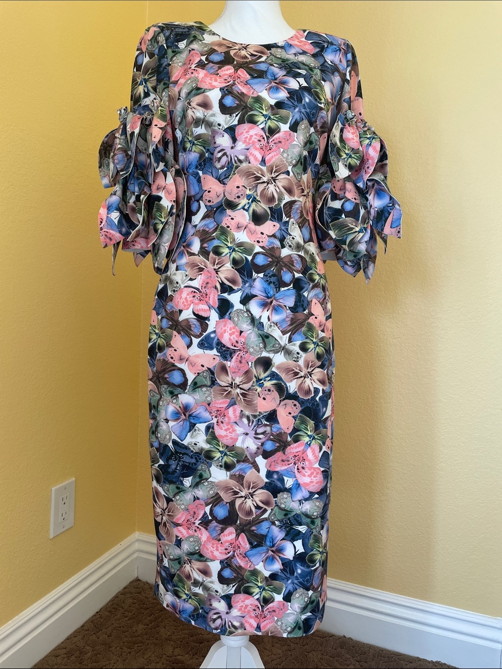 Badgley Mischka Multi Floral  Midi Dress with Puff Tie Sleeves SZ 4